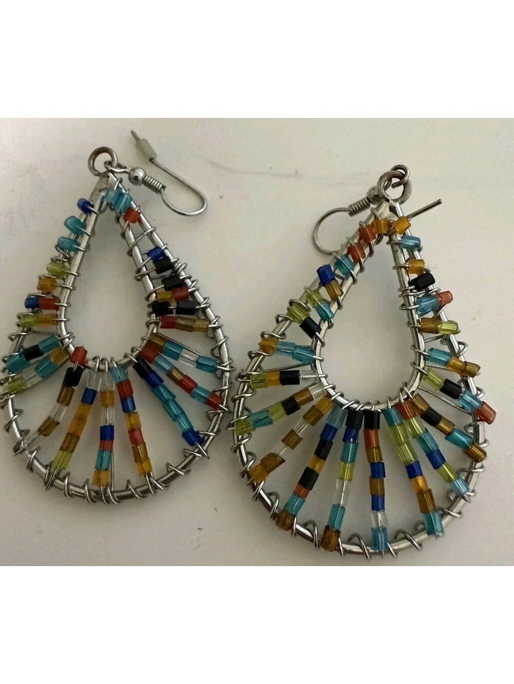 Silver Tone Fashion Earrings Beaded Wire Dangle Hook Multi-Color